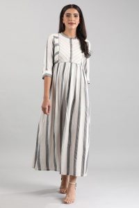 Grey Band Collar Yarn-dyed Liva Dress-1